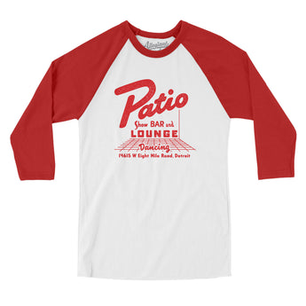 Patio Show Bar And Lounge Detroit Men/Unisex Raglan 3/4 Sleeve T-Shirt-White with Red-Allegiant Goods Co. Vintage Sports Apparel