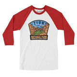 Zion National Park Badge Men/Unisex Raglan 3/4 Sleeve T-Shirt-White with Red-Allegiant Goods Co. Vintage Sports Apparel