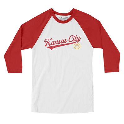 Kansas City Vintage Script Men/Unisex Raglan 3/4 Sleeve T-Shirt-White with Red-Allegiant Goods Co. Vintage Sports Apparel