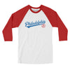 Philadelphia Vintage Script Men/Unisex Raglan 3/4 Sleeve T-Shirt-White with Red-Allegiant Goods Co. Vintage Sports Apparel