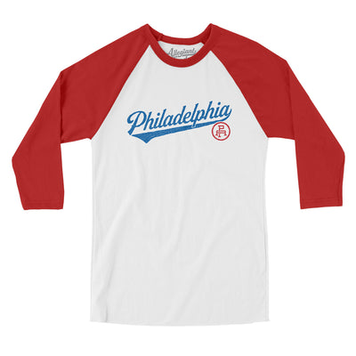 Philadelphia Vintage Script Men/Unisex Raglan 3/4 Sleeve T-Shirt-White with Red-Allegiant Goods Co. Vintage Sports Apparel