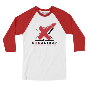 Excalibur Chicago Men/Unisex Raglan 3/4 Sleeve T-Shirt-White with Red-Allegiant Goods Co. Vintage Sports Apparel