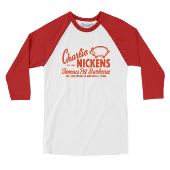 Charlie Nickens Famous Pit Barbecue Nashville Men/Unisex Raglan 3/4 Sleeve T-Shirt-White with Red-Allegiant Goods Co. Vintage Sports Apparel