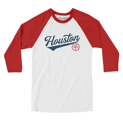 Houston Vintage Script Men/Unisex Raglan 3/4 Sleeve T-Shirt-White with Red-Allegiant Goods Co. Vintage Sports Apparel