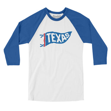 Texas Pennant Men/Unisex Raglan 3/4 Sleeve T-Shirt-White with True Royal-Allegiant Goods Co. Vintage Sports Apparel