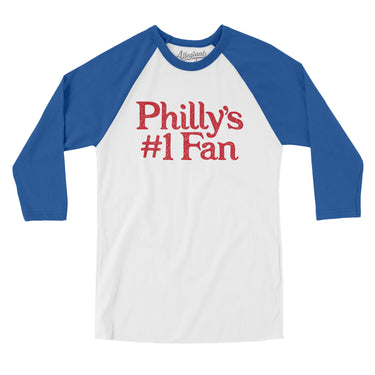 Philly's Number 1 Fan Men/Unisex Raglan 3/4 Sleeve T-Shirt-White with True Royal-Allegiant Goods Co. Vintage Sports Apparel