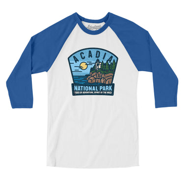 Acadia National Park Badge Men/Unisex Raglan 3/4 Sleeve T-Shirt-White with True Royal-Allegiant Goods Co. Vintage Sports Apparel