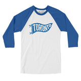 Toronto Pennant Men/Unisex Raglan 3/4 Sleeve T-Shirt-White with True Royal-Allegiant Goods Co. Vintage Sports Apparel