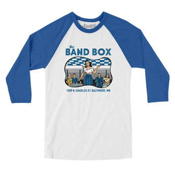 The Band Box Baltimore Men/Unisex Raglan 3/4 Sleeve T-Shirt-White with True Royal-Allegiant Goods Co. Vintage Sports Apparel