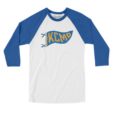 Kcmo Pennant Men/Unisex Raglan 3/4 Sleeve T-Shirt-White with True Royal-Allegiant Goods Co. Vintage Sports Apparel