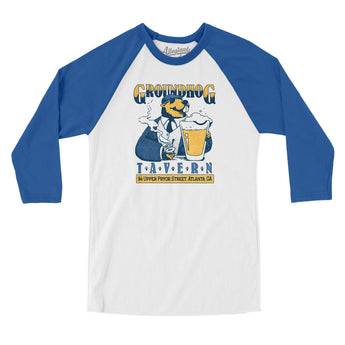 Groundhog Tavern Atlanta Men/Unisex Raglan 3/4 Sleeve T-Shirt-White with True Royal-Allegiant Goods Co. Vintage Sports Apparel
