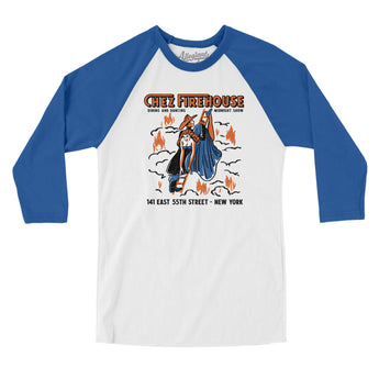 Chez Firehouse Manhattan Men/Unisex Raglan 3/4 Sleeve T-Shirt-White with True Royal-Allegiant Goods Co. Vintage Sports Apparel