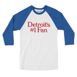 Detroit's Number 1 Fan Men/Unisex Raglan 3/4 Sleeve T-Shirt-White with True Royal-Allegiant Goods Co. Vintage Sports Apparel