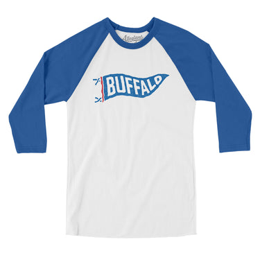 Buffalo Pennant Men/Unisex Raglan 3/4 Sleeve T-Shirt-White with True Royal-Allegiant Goods Co. Vintage Sports Apparel