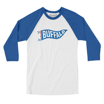 Buffalo Pennant Men/Unisex Raglan 3/4 Sleeve T-Shirt-White with True Royal-Allegiant Goods Co. Vintage Sports Apparel