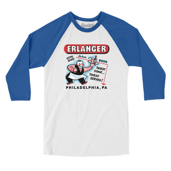 Erlanger Deluxe Beer Philadelphia Men/Unisex Raglan 3/4 Sleeve T-Shirt-White with True Royal-Allegiant Goods Co. Vintage Sports Apparel