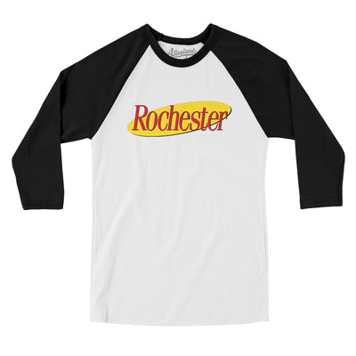 Rochester Seinfeld Men/Unisex Raglan 3/4 Sleeve T-Shirt-White|Black-Allegiant Goods Co. Vintage Sports Apparel