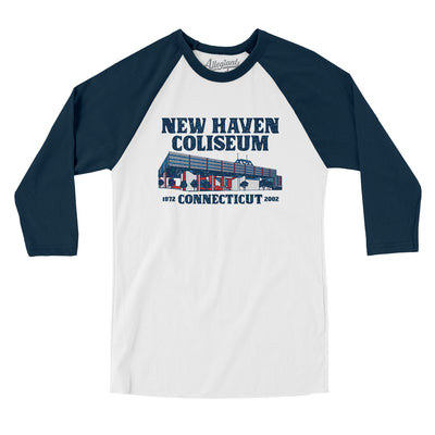 New Haven Coliseum Men/Unisex Raglan 3/4 Sleeve T-Shirt-White|Navy-Allegiant Goods Co. Vintage Sports Apparel