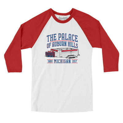 The Palace Of Auburn Hills Men/Unisex Raglan 3/4 Sleeve T-Shirt-White|Red-Allegiant Goods Co. Vintage Sports Apparel