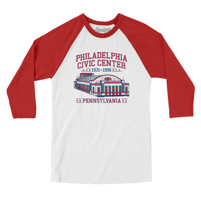 Philadelphia Civic Center Men/Unisex Raglan 3/4 Sleeve T-Shirt-White|Red-Allegiant Goods Co. Vintage Sports Apparel
