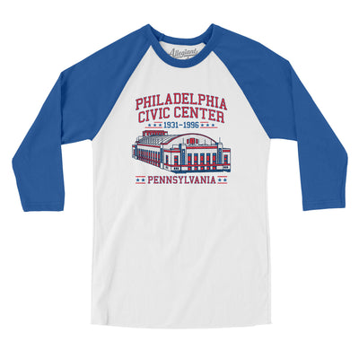 Philadelphia Civic Center Men/Unisex Raglan 3/4 Sleeve T-Shirt-White|True Royal-Allegiant Goods Co. Vintage Sports Apparel