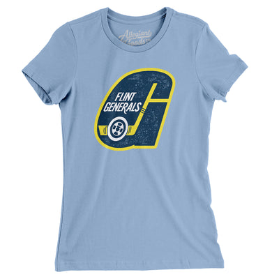 Flint Generals Hockey Women's T-Shirt-Baby Blue-Allegiant Goods Co. Vintage Sports Apparel