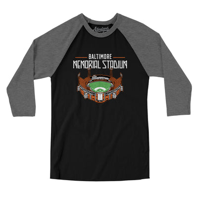 Baltimore Memorial Stadium Men/Unisex Raglan 3/4 Sleeve T-Shirt-Black|Deep Heather-Allegiant Goods Co. Vintage Sports Apparel