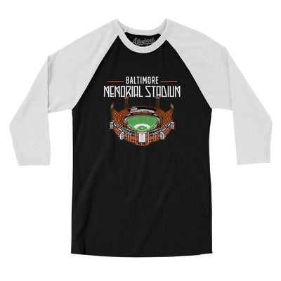 Baltimore Memorial Stadium Men/Unisex Raglan 3/4 Sleeve T-Shirt-Black|White-Allegiant Goods Co. Vintage Sports Apparel