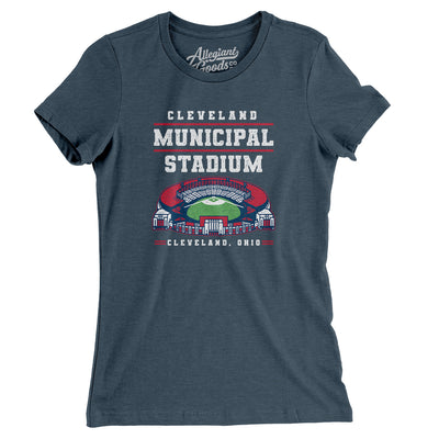 Cleveland Municipal Stadium Women's T-Shirt-Heather Navy-Allegiant Goods Co. Vintage Sports Apparel