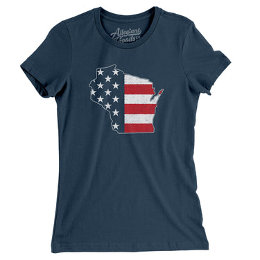 Wisconsin American Flag Women's T-Shirt-Navy-Allegiant Goods Co. Vintage Sports Apparel