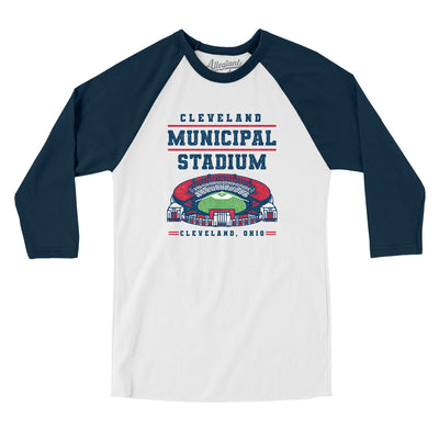 Cleveland Municipal Stadium Men/Unisex Raglan 3/4 Sleeve T-Shirt-White|Navy-Allegiant Goods Co. Vintage Sports Apparel