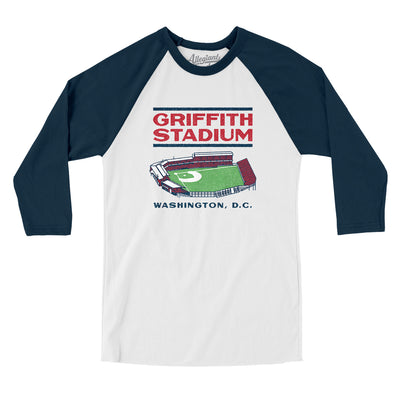 Griffith Stadium Men/Unisex Raglan 3/4 Sleeve T-Shirt-White|Navy-Allegiant Goods Co. Vintage Sports Apparel