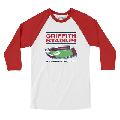 Griffith Stadium Men/Unisex Raglan 3/4 Sleeve T-Shirt-White|Red-Allegiant Goods Co. Vintage Sports Apparel