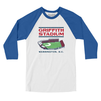 Griffith Stadium Men/Unisex Raglan 3/4 Sleeve T-Shirt-White|True Royal-Allegiant Goods Co. Vintage Sports Apparel