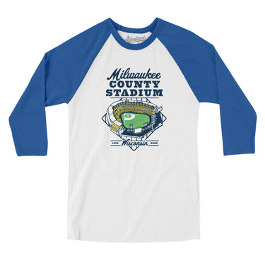Milwaukee County Stadium Men/Unisex Raglan 3/4 Sleeve T-Shirt-Allegiant Goods Co. Vintage Sports Apparel