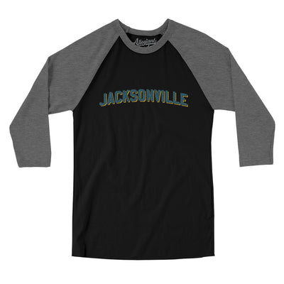 Jacksonville Varsity Men/Unisex Raglan 3/4 Sleeve T-Shirt-Black|Deep Heather-Allegiant Goods Co. Vintage Sports Apparel