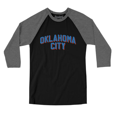 Oklahoma City Varsity Men/Unisex Raglan 3/4 Sleeve T-Shirt-Black|Deep Heather-Allegiant Goods Co. Vintage Sports Apparel