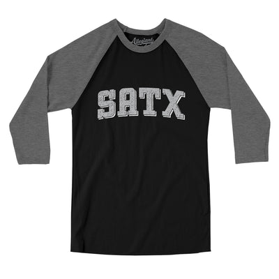 Satx Varsity Men/Unisex Raglan 3/4 Sleeve T-Shirt-Black|Deep Heather-Allegiant Goods Co. Vintage Sports Apparel