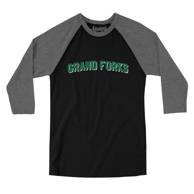 Grand Forks North Dakota Varsity Men/Unisex Raglan 3/4 Sleeve T-Shirt-Black|Deep Heather-Allegiant Goods Co. Vintage Sports Apparel