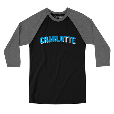 Charlotte Varsity Men/Unisex Raglan 3/4 Sleeve T-Shirt-Black|Deep Heather-Allegiant Goods Co. Vintage Sports Apparel