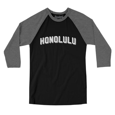 Honolulu Varsity Men/Unisex Raglan 3/4 Sleeve T-Shirt-Black|Deep Heather-Allegiant Goods Co. Vintage Sports Apparel
