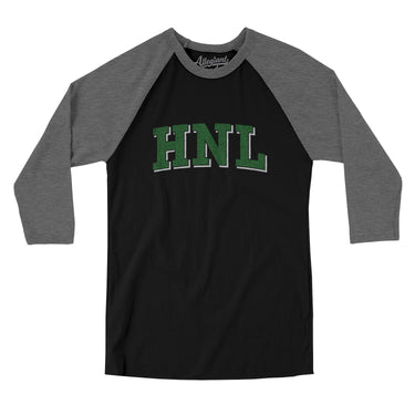 Hnl Varsity Men/Unisex Raglan 3/4 Sleeve T-Shirt-Black|Deep Heather-Allegiant Goods Co. Vintage Sports Apparel