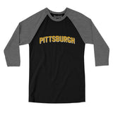 Pittsburgh Varsity Men/Unisex Raglan 3/4 Sleeve T-Shirt-Black|Deep Heather-Allegiant Goods Co. Vintage Sports Apparel