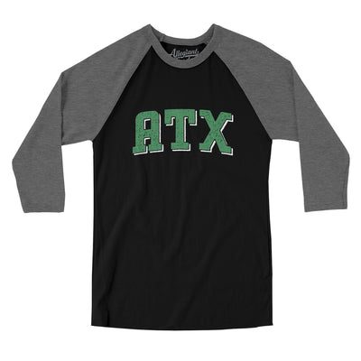 Atx Varsity Men/Unisex Raglan 3/4 Sleeve T-Shirt-Black|Deep Heather-Allegiant Goods Co. Vintage Sports Apparel