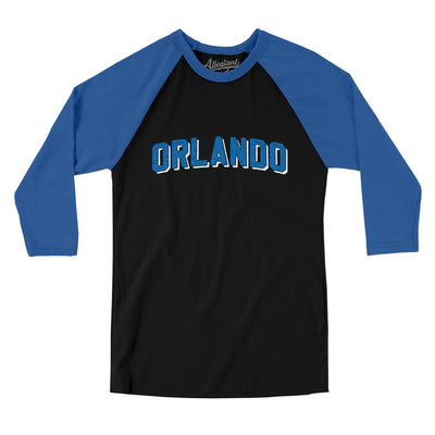 Orlando Varsity Men/Unisex Raglan 3/4 Sleeve T-Shirt-Black|True Royal-Allegiant Goods Co. Vintage Sports Apparel