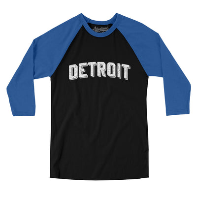 Detroit Varsity Men/Unisex Raglan 3/4 Sleeve T-Shirt-Black|True Royal-Allegiant Goods Co. Vintage Sports Apparel