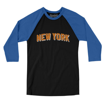 New York Varsity Men/Unisex Raglan 3/4 Sleeve T-Shirt-Black|True Royal-Allegiant Goods Co. Vintage Sports Apparel