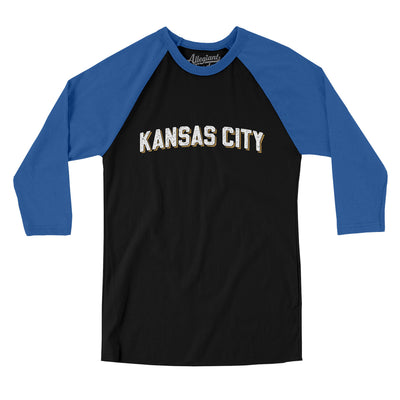 Kansas City Varsity Men/Unisex Raglan 3/4 Sleeve T-Shirt-Black|True Royal-Allegiant Goods Co. Vintage Sports Apparel