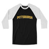 Pittsburgh Varsity Men/Unisex Raglan 3/4 Sleeve T-Shirt-Black|White-Allegiant Goods Co. Vintage Sports Apparel