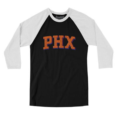 Phx Varsity Men/Unisex Raglan 3/4 Sleeve T-Shirt-Black|White-Allegiant Goods Co. Vintage Sports Apparel